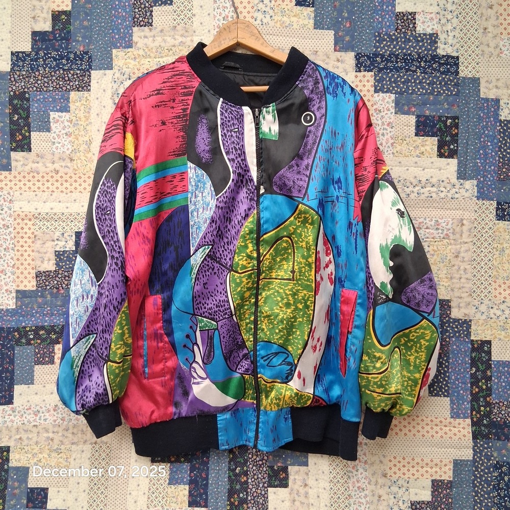 Vintage Climate Zone Satin Jacket Size 14 / 16 Picasso Art To Wear Full Zip